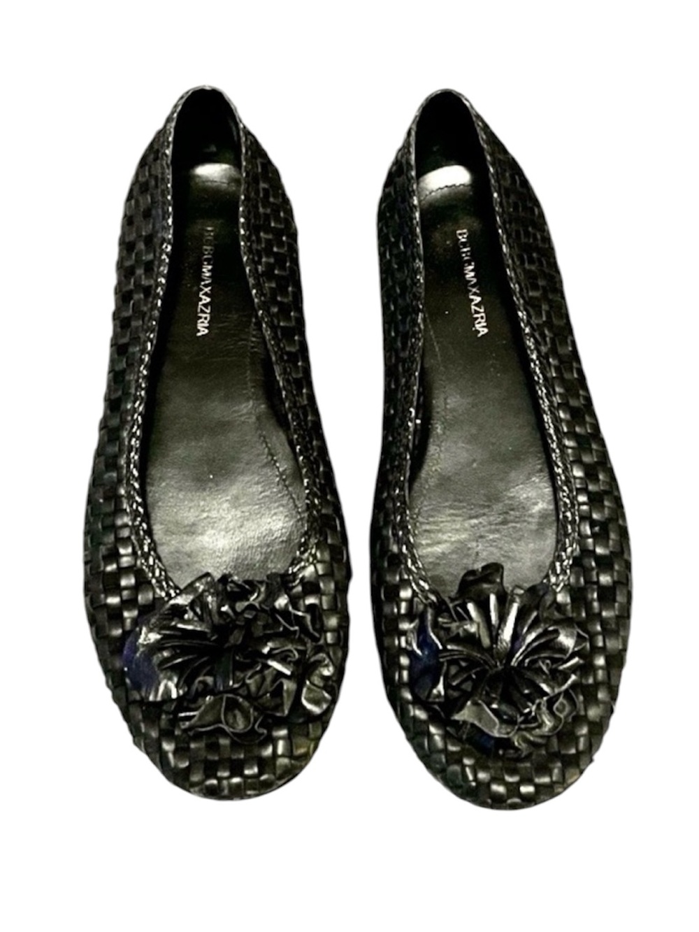 BCBGMaxAzria Black Woven Leather Textured Floral Applique Slip On Flats